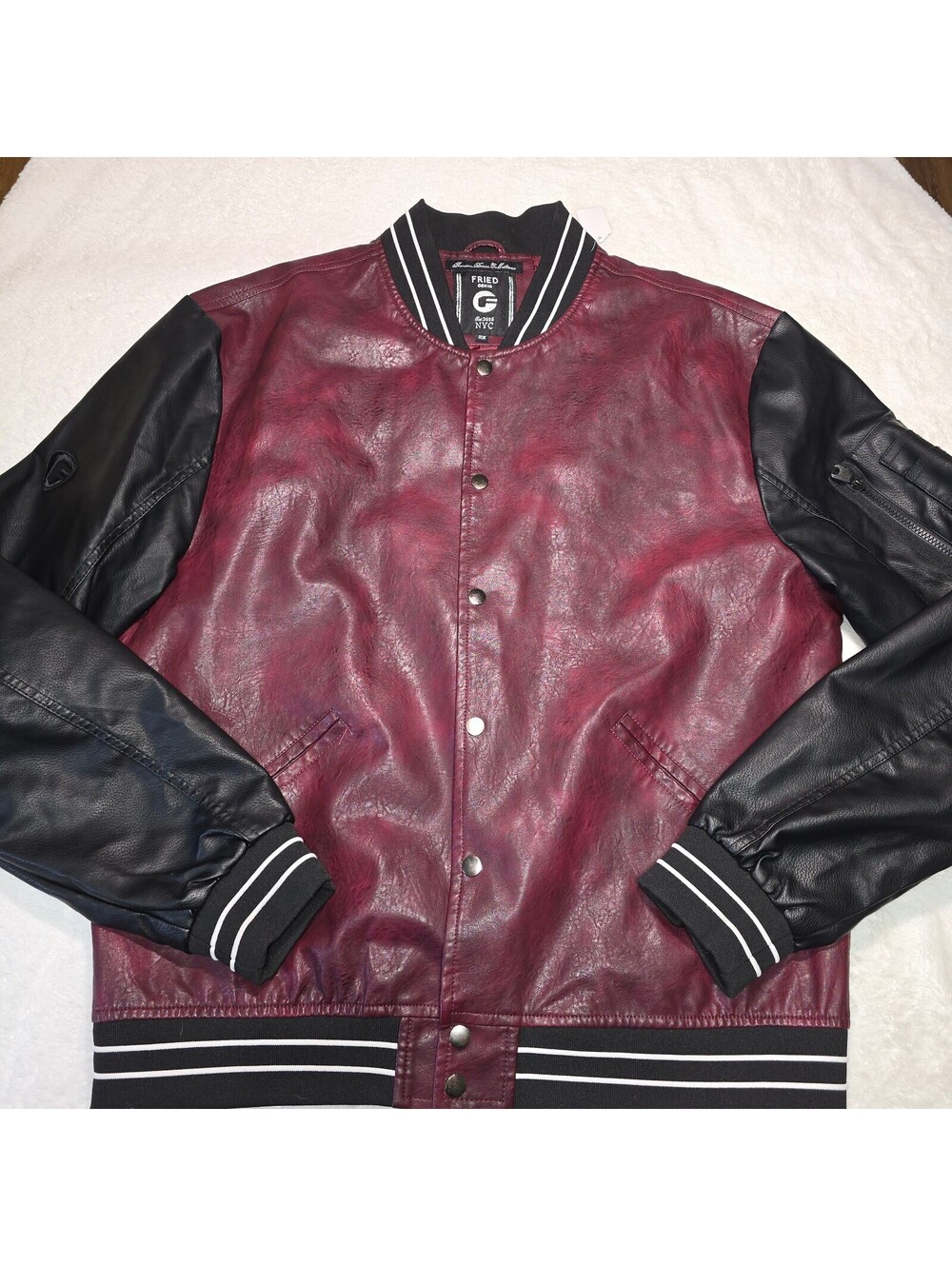 Fried Denim NYC Premium Faux Leather Varsity Bomber Jacket Men's Size 2XL Maroon